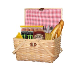 Vintiquewise.com Gingham Lined Woodchip Picnic Basket with Lid and Movable Handles