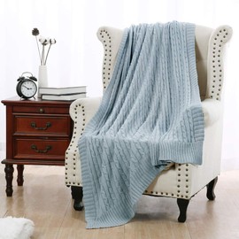 uxcell Cotton Cable Knit Throw Blanket Soft Throw Couch Covers Decors Knitted Blankets for Sofa Bed, Light Blue Throw(47" x 70")