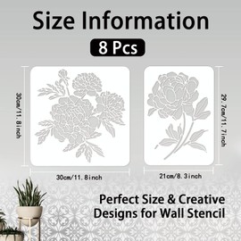 INFUNLY 8pcs Peony Wall Stencils for Painting 11.7x8.3 Tile Stencil Set Reusable Plastic Wall Stencils Template for Painting on Wood Wall Furniture Floor Tiles Fabric DIY Home Decor