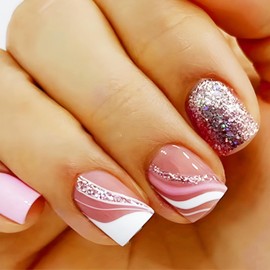 Pink Press on Nails Short Square Shape with Sparkly Curve Line Design, Glossy Silver Glitter Acrylic False Nails Stick on Nails for Women Girls, Shine Fake Nails Gel Glue on Nails for Daily Party Wear