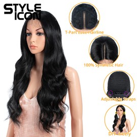 Style Icon Lace Front Wig Human Hair Quality Long Wavy Curly Synthetic Hair Wigs for Women 26 inches Heat Resistant Fiber 150% Density (Middle Part 26 Inch, 1B)