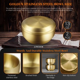 4Pcs Stainless Steel Rice Bowl with Lid 4.7In, 13 oz Double-Walled Insulated Metal Snack Bowls, Small Metal Serving Bowls, Appetizer Bowls Gold for Sauces, Noodles, Ice Cream, Oat, Cereal (4)