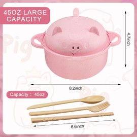 Romooa Large 45oz Cute Ramen Bowl Set Microwavable Pig Ramen Noodle Cooker Wheat Straw Bowl with Strainer Lid Handle Spoon Chopsticks Fork Gift for Home Dorm College(Pink,Black,2 Sets)