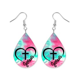 Jesus Tie Dye Earrings - Teardrop Earrings - Raindrop Earrings - Religious Earrings - Christian Earrings - Wood Printed Earrings