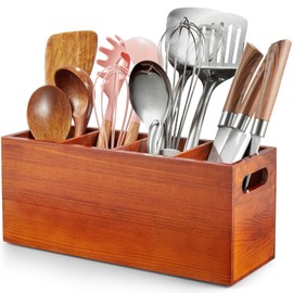 ALELION Large Utensil Holder with Removable Divider - 4 Compartment Wooden Utensil Caddy Organizer for Kitchen Counter - Brown Cooking Utensil Crock for Countertop