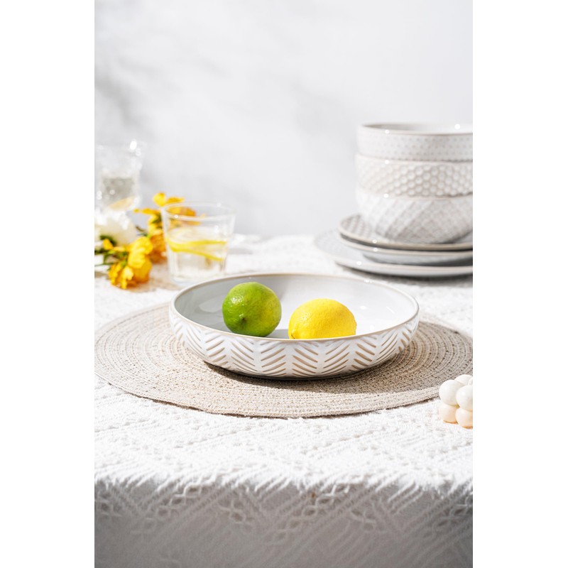 FOBENTA Embossed Ceramic Pasta Bowls, 42 oz Bowl Plates Set,9-Inch