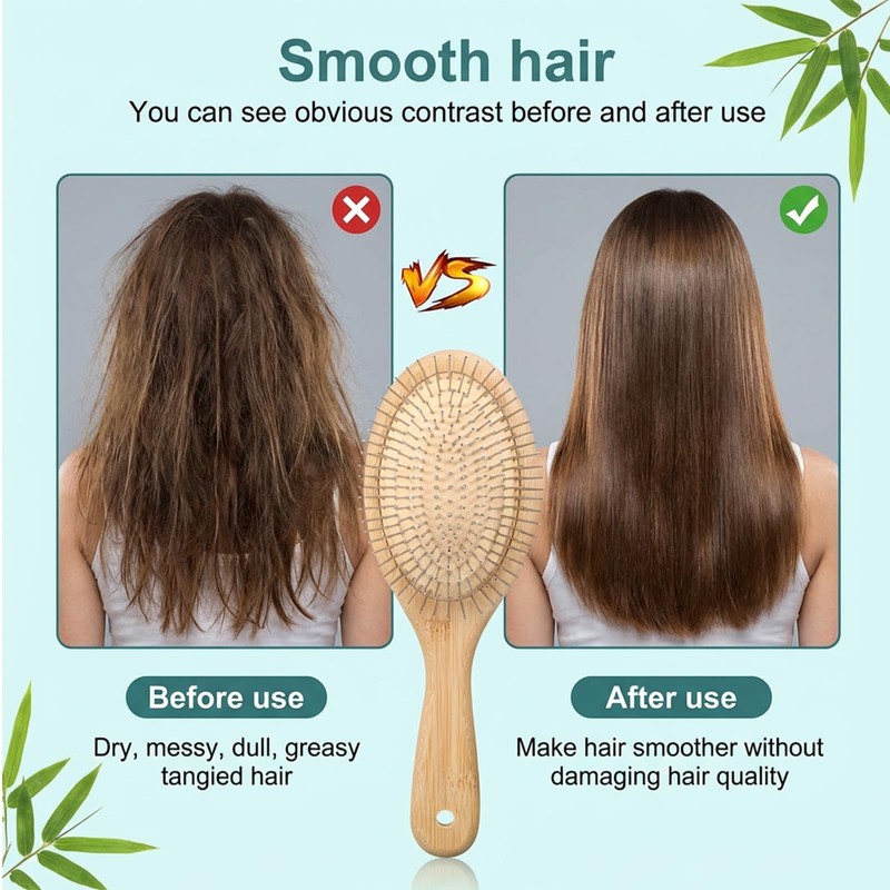 12 Pcs Bamboo Paddle Hair Brush with Steel Bristles for