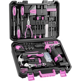 PULITUO Drill Set, 149-Piece Home Tool Set with 12V Pink Cordless Drill, Tool Box, Hand Tool Kits for Women & Men and DIY Enthusiasts, for Home Improvement