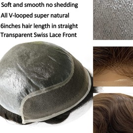Civmo Men toupee Swiss Lace Front Natural Hairline with PU Skin V-looped European Human Hair Replacement System for Man Wigs 8x10 Inches Medium Density Hairpiece(1B Mixed 10% Grey White Hair)