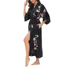 OSCAR ROSSA Women's Mulberry Silk Sleepwear 100% Silk Charmeuse Floral Printed Long Kimono Robe, Plum Blossom Black, M/L