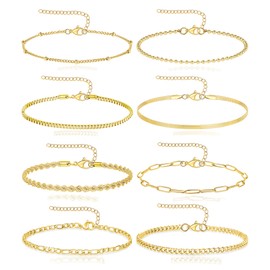 Wrlcorly 8Pcs Gold Bracelets 18K Gold Plated Stainless Steel Chain Bracelet Satellite Bead Box Herringbone Rope Paperclip Figaro Cuban Link Bracelet for Women Silver Gold Tone 6.5 Inches Adjustable