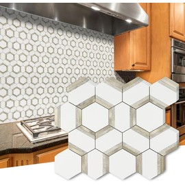 STICKGOO 10Pcs Hexagon Waterproof Peel and Stick Backsplash, Wall Decor, Kitchen Backsplash, Stick on Backsplash Mosaic Tile for Bathroom/Fireplace/RV - Color: Black