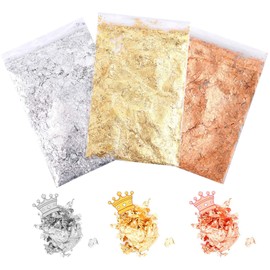 3 Packs Gold Leaf Gilding Flakes, XCOZU Gold Foil Copper Leaf Silver Leaf Metallic Foil Flakes, Imitation Gold Leaf Kit for Resin Nail Painting Art Craft Jewelry Making Decoration (3g/Bags)
