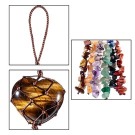 KYEYGWO Tiger's Eye 7 Chakras Stone Heart Hanging Decoration with Tumbled Stone, Reiki Healing Crystal Hanging Decoration, Gemstone Heart Shaped Wall Hanging Ornament, Love Window Decoration for Home,