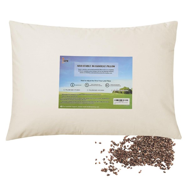 LOFE Organic Buckwheat Pillow for Sleeping - 16''x22'', Adjustable Loft, Breathable for Cool Sleep, Cervical Support for Back and Side Sleeper(Tartary Buckwheat Hulls)