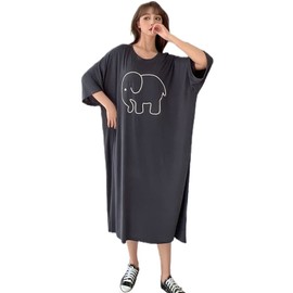 TRTRO Women's Long Nightgown Loungewear, Loungewear, Loose, Homewear, Large Size, Pajamas, Sleepwear, Cute Print Pattern, Elephant pattern iron grey