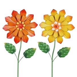 YEAHOME Garden Decor for Outside, Set of 2 Metal Flowers 23.6” Decorative Garden Stakes for Spring Decor, Yard Art Flower Stakes for Outdoor Lawn Backyard Porch Garden Decorations (Orange, Yellow)