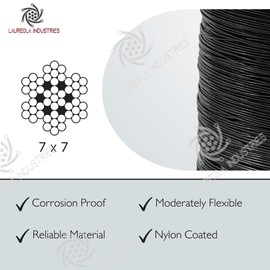 Laureola Industries 1/16" to 3/32" Nylon-6 Coated Black Opaque Color Galvanized Cable 7x7 Strand Wire Rope for Outdoor and Marine Use, Interior Design, Load-Bearing Tasks, DIY Projects, etc. - 50 ft