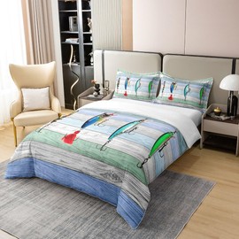 100% Cotton Colourful Fish Comforter Cover 135 x 200, Fish Hook Fishing Duvet Cover for Children, Boys, Girls, Teens, Rustic Farmhouse Bed Linen for Bedroom, Western Style Duvet Cover with 1