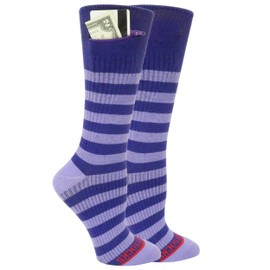 Pocket Socks Compression Crew Socks - Anti pickpocket Zipper Socks with Pockets - 9mmHg - 12mmHg Light Compression, Promotes Circulation & Workout Recovery (Small, Lavender Rugby Stripe)