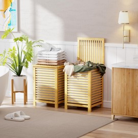 SMIBUY Double Laundry Hamper with Lid, 120L Bamboo Laundry Basket with Removable Liner Bag, 2-Section Clothes Divider Laundry Sorter for Laundry Room, Bathroom, Bedroom (Natural)