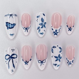 24Pcs Blue Press on Nails Medium Almond Nails French Tip Fake Nails with Designs Spring Flower False Nails Reusable Summer Acrylic Nails Full Cover Blue Floral Bow Glue on Nails for Women Nail Art