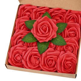 BLEUM CADE 16Pcs Artificial Flowers Fake Roses with Stems, Red Boxed Foam Roses for DIY Bouquets Centerpieces Wedding Party Arrangement Bridal Shower Decor