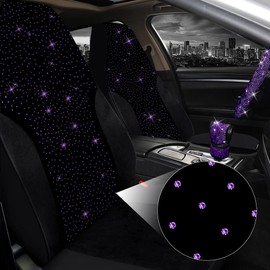 Jusen 17 Pack Bling Car Seat Covers Set Car Diamond Accessories Rhinestone Crystal Steering Wheel Cover, Bling Velvet Breathable (Purple, All Part Bling)