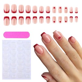 24pcs French False Nails, Stick on Nail, Press on Nail Removable, Heart Artificial Nails, Fake Nails Women Girls Nails Art Accessories, with Jelly Glue, Nail File, French Design for Valentine's Day