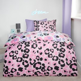 OHS Leopard Print Double Duvet Set, Reversible Kids Duvet Covers Set Double Bedding for Girls Boys Quilt Covers with Pillowcase Ultra Soft Comfy, Pink/White