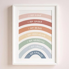 Inspirational Affirmations for Kids - Rainbow Affirmations Print - ‘I am Kind, Smart, Loved’ - Uplifting Nursery Decor (A4-21 x 29.7 cm)