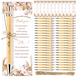 EYNDYN 50 Sets Boho Baby Shower Gifts Bulk for Guest Wood Bamboo Baby Shower Ballpoint Pens With Thank You Cards Bohemian Pampas Grass Floral Baby Shower Game Boys Gifts Party Favors Souvenirs Prizes