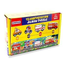 KiDEPOCH Transportation Floor Puzzles for Kids Ages 3-5, 36 Pieces Jumbo Puzzles for Kids Ages 4-8, Cute Animals & Rescue Vehicles, Great for Learning and Fun, 37” x 8.2” with Storage Box