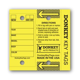 Donkey Key Tags - Half Pack - Laminated Self-Protecting (125 Tags Per Box with Metal Rings) (Yellow)