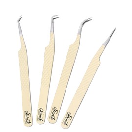SIVOTE Fiber Tips Lash Tweezers for Eyelash Extensions, Set of 4, Curved, Dolphin, 90 Degree & 45 Degree Tweezer, Vanilla