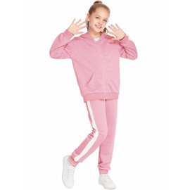 Arshiner - Conjunto deportivo de 2 piezas para niñas, sudadera con capucha y pantalón deportivo para 5 a 13 años, Rosado, 12-13 Años