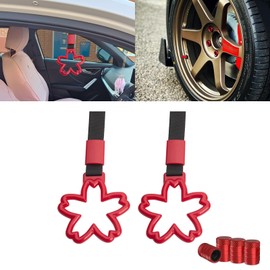 x xotic tech Set JDM Sakura Shaped Tsurikawa Subway Train Bus Handle Straps Drift Charm Rear Bumper Warning Loops Ring for Cars, SUV Interior Exterior Decoration w/Tire Valve Stem Cover Caps (Red)