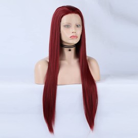 Red Lace Front Wigs Long Straight Synthetic 150% Density with Heat Resistant Hair 13 x 4 Lace Burgundy Lace Wig 61 cm