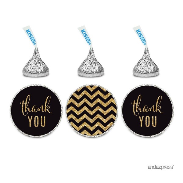 Andaz Press Gold Glitter Print Chocolate Drop Labels Stickers, Thank You Chevron, Black, 216-Pack, Not Real Glitter, for Kisses Party Favors