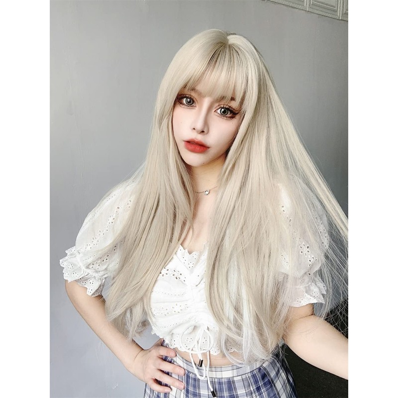 Semi-long, Beige x White Wig, Women's, Wig, Straight, Natural, Harajuku