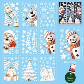 IHCEMIH Christmas Window Stickers, 9 Sheet 146pcs 3D White Static Windows Sticker Xmas Scene Reusable Double Sided Snowflake Santa Reindeer Clings Winter Decals Decorations Party Home Decor Supplies