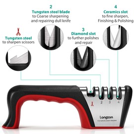 longzon Longzon 4-in-1 Knife Sharpener [4 Stage] with a Pair of Cut-Resistant Glove, Original Premium Polish Blades, Best Kitchen Knife Sharpener Really Works for Ceramic and Steel Knives, Scissors.