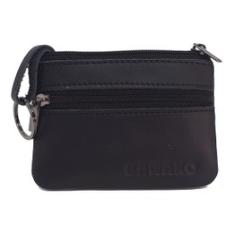 BAWAKO Genuine Leather Coin Purse, Small Coin Purse for Men and Women, with Two Compartments, Zip, Keyring, Mini Coin Purse Wallet, Purse, S, black