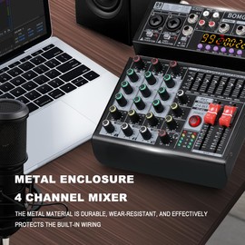BOMGE 04A Audio Mixer,Professional Sound Board Mixing Console with USB/Bluetooth/Computer/4 Channel Stereo Input DJ Mixer,48V Phantom Digital 99 DSP Effect for PC Recording Karaoke Studio Streaming