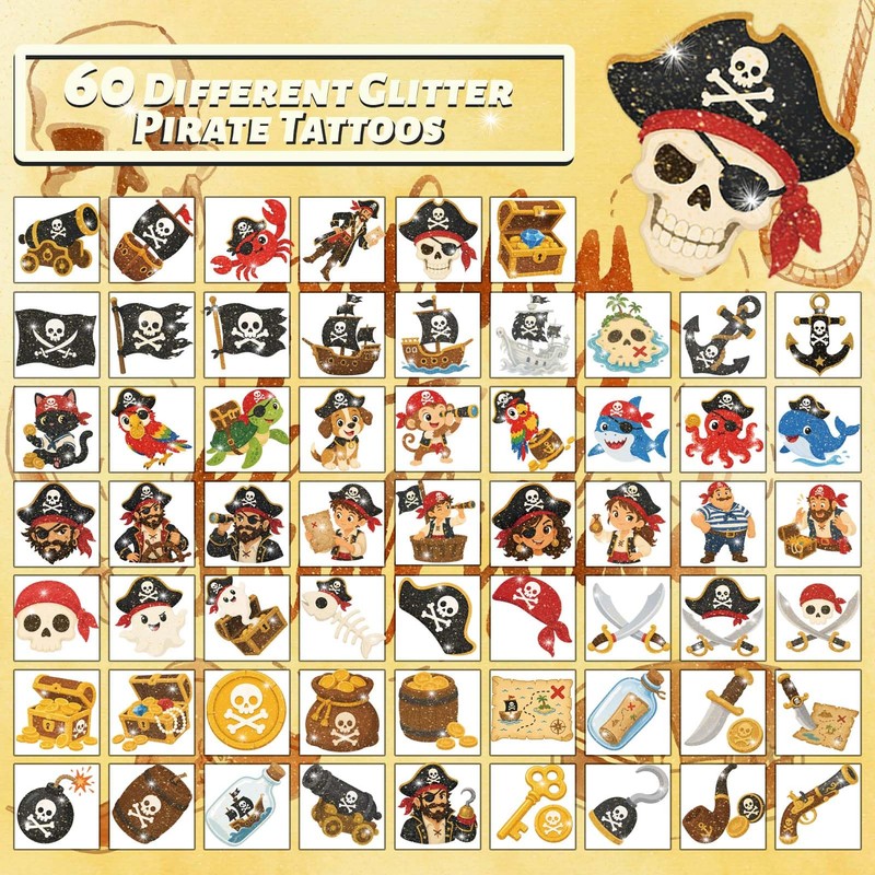 120 Glitter Pirate Temporary Tattoos for Kids, Pirate Ship Nautical
