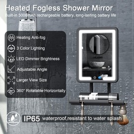 Heated Shower Mirror Fogless for Shaving, Fogless Shaving Mirror with Light for Shower, 3 Color Light Modes Dimmable, Rechargeable Anti-Fog Shower Mirror with Storage Tray & Razor Holder for Men