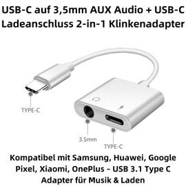 Bolwins B53 USB-C to 3.5 mm Jack Adapter + USB-C Charging Adapter, 2-in-1 Headphone Adapter with Hi-Res DAC Chip, Quick Charge PD 60 W, Audio Splitter for Music & Calls