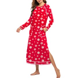 Ekouaer Women's Nightshirt Long Sleeve Nightgown Round Neck Sleepwear Full Length Pajama Dress with Pockets Loungewear Christmas Snowflake L