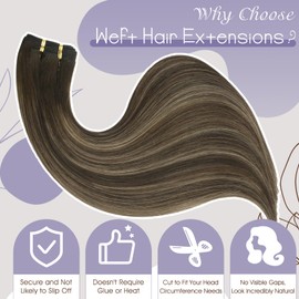 Full Shine Sew in Hair Extensions Real Human Hair Weft Hair Extensions Brown Highlighted Human Hair Weft Extensions 24Inch Sew in Weft Hair #2/8/2 Balayage Dark Brown to Light Brown 105g