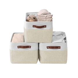 DECOMOMO Storage Bins | Fabric Storage Basket for Shelves for Organizing Closet Shelf Nursery Toy | Decorative Large Linen Closet Organizers with Handles Cubes (Beige and White, Large - 3 Pack)